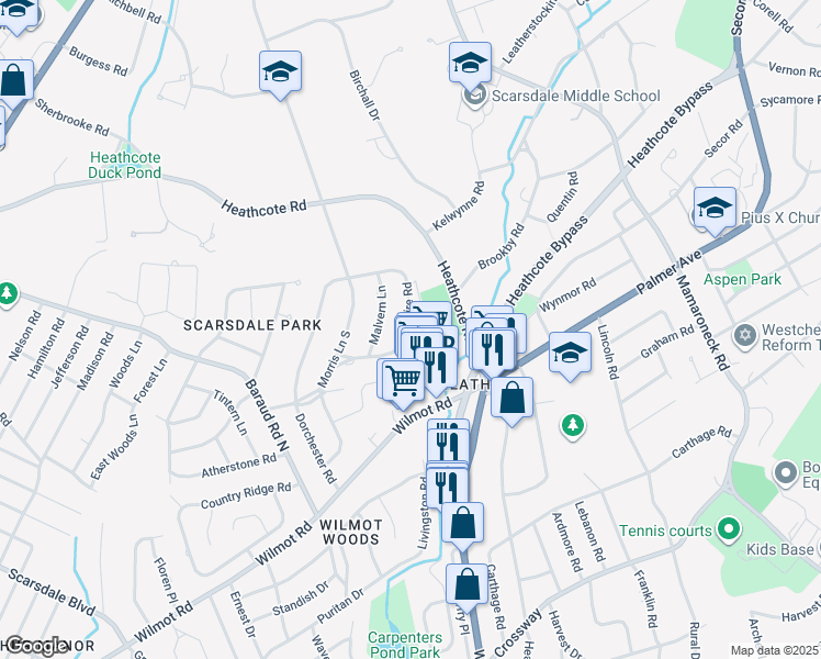 map of restaurants, bars, coffee shops, grocery stores, and more near 95 Wiltshire Road in New Rochelle
