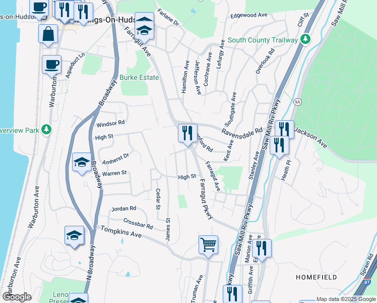 map of restaurants, bars, coffee shops, grocery stores, and more near 292 Farragut Parkway in Hastings-on-Hudson