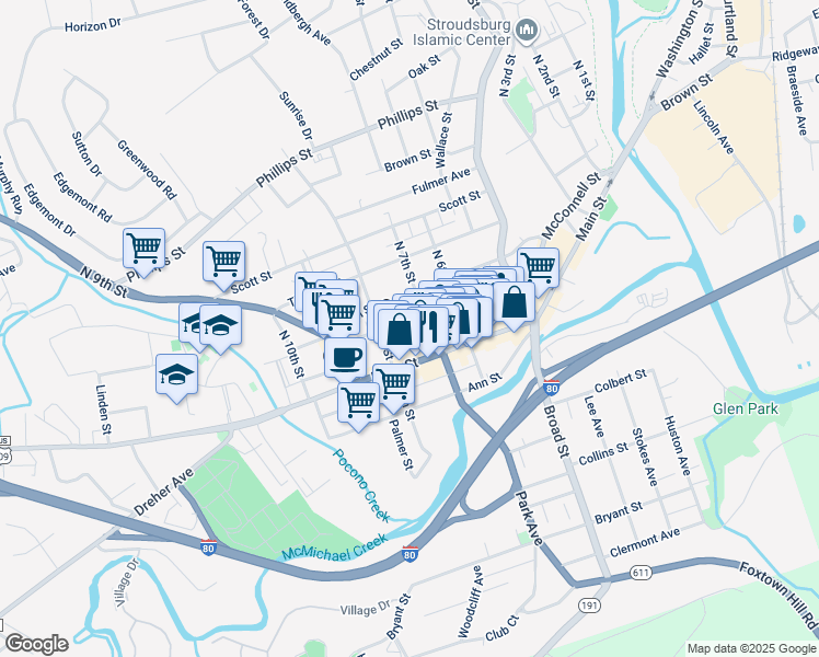 map of restaurants, bars, coffee shops, grocery stores, and more near 33 North 7th Street in Stroudsburg