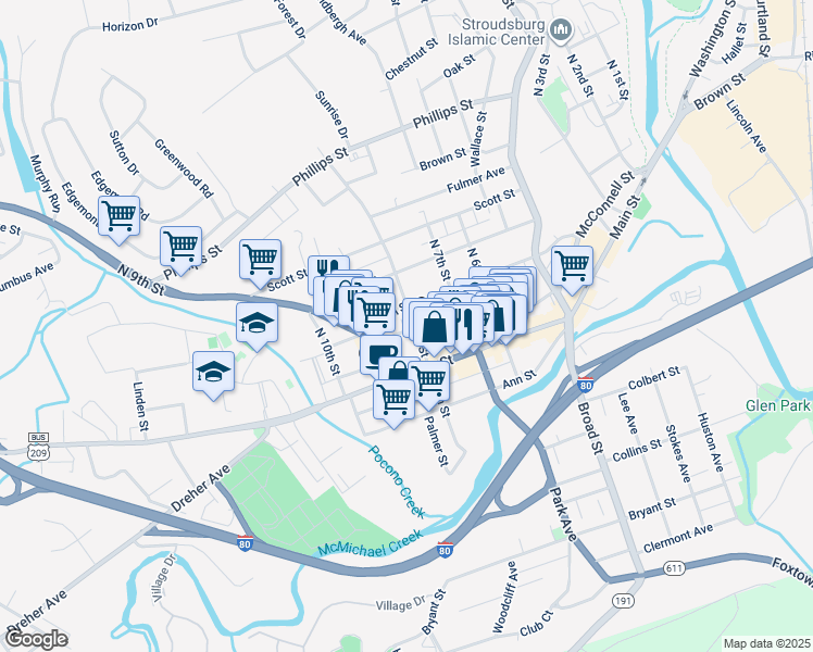 map of restaurants, bars, coffee shops, grocery stores, and more near 22 North 8th Street in Stroudsburg