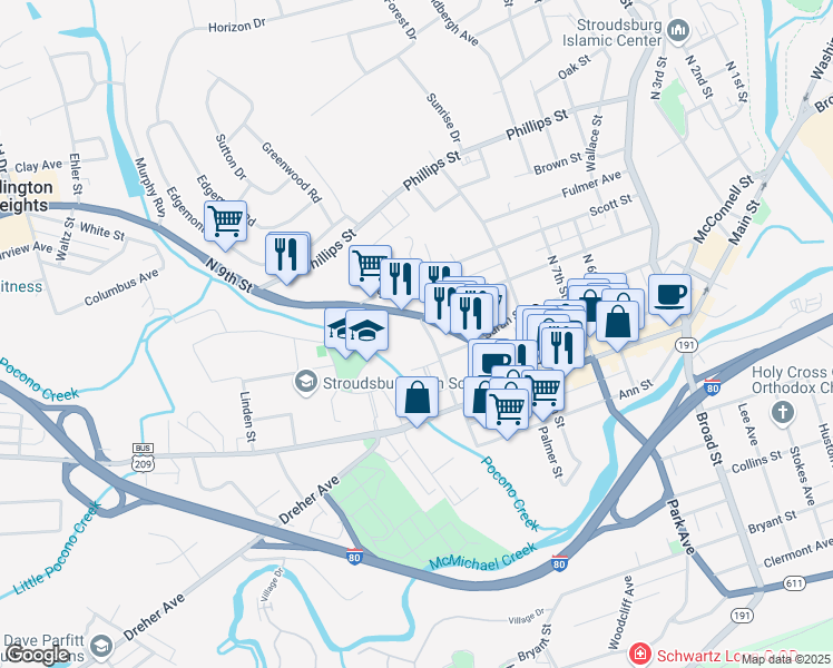 map of restaurants, bars, coffee shops, grocery stores, and more near 67 North 10th Street in Stroudsburg