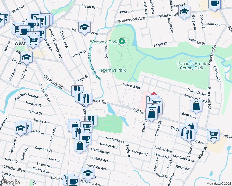 map of restaurants, bars, coffee shops, grocery stores, and more near 38 Sand Road in Westwood
