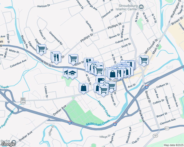 map of restaurants, bars, coffee shops, grocery stores, and more near 115 North 9th Street in Stroudsburg