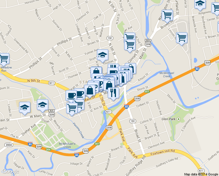 map of restaurants, bars, coffee shops, grocery stores, and more near 572 Main Street in Stroudsburg