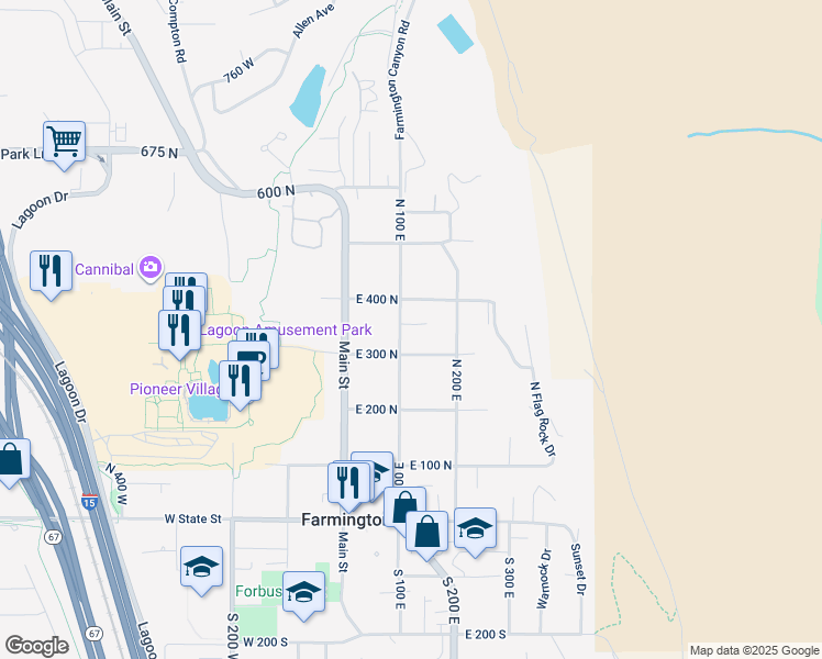 map of restaurants, bars, coffee shops, grocery stores, and more near 344 North 100 East in Farmington