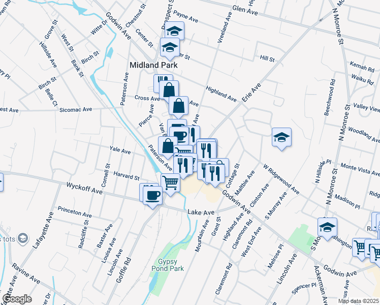 map of restaurants, bars, coffee shops, grocery stores, and more near 24 Vreeland Avenue in Midland Park