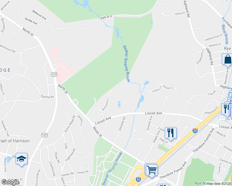 map of restaurants, bars, coffee shops, grocery stores, and more near 14 Boxwood Lane in Rye