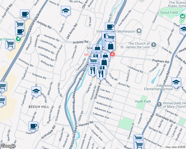 map of restaurants, bars, coffee shops, grocery stores, and more near 117 Garth Road in Scarsdale
