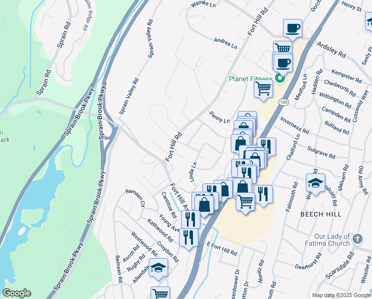 map of restaurants, bars, coffee shops, grocery stores, and more near 7 Skytop Road in Scarsdale
