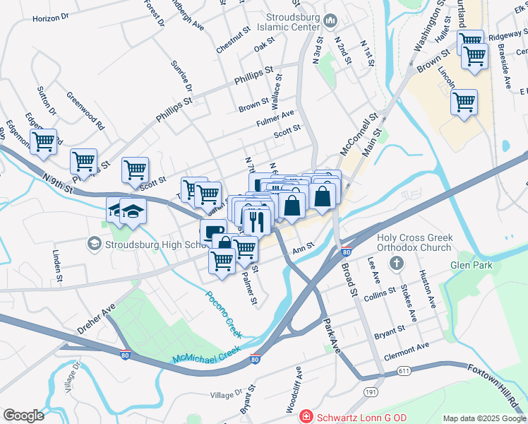 map of restaurants, bars, coffee shops, grocery stores, and more near 33 North 7th Street in Stroudsburg