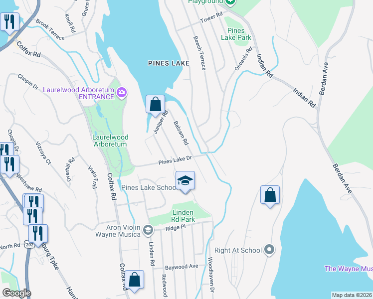 map of restaurants, bars, coffee shops, grocery stores, and more near 94 Balsam Road in Wayne