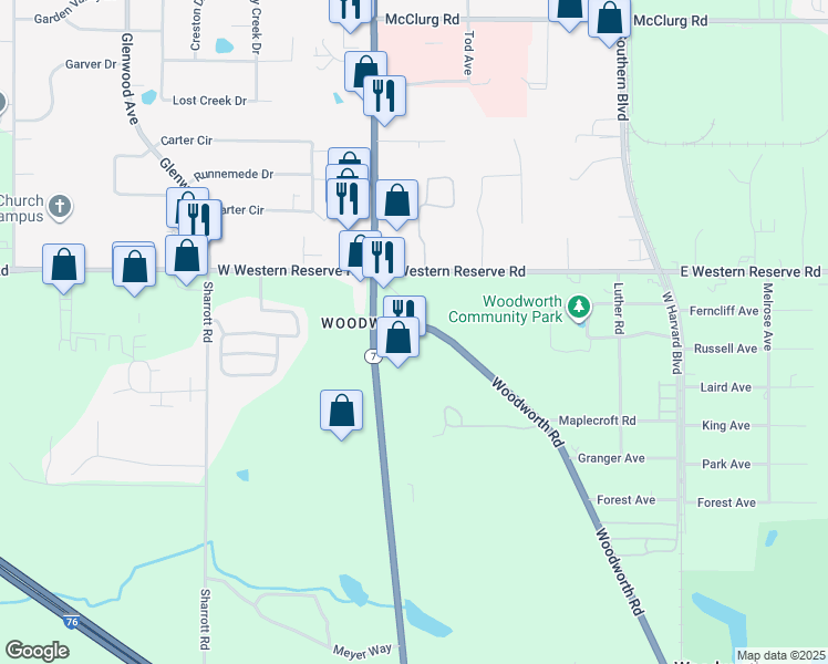 map of restaurants, bars, coffee shops, grocery stores, and more near 9120 Woodworth Road in North Lima