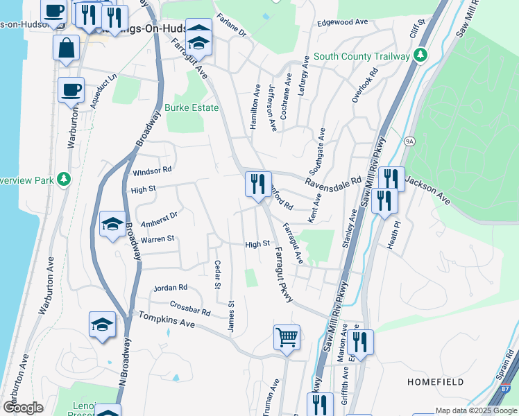 map of restaurants, bars, coffee shops, grocery stores, and more near 292 Farragut Parkway in Hastings-on-Hudson