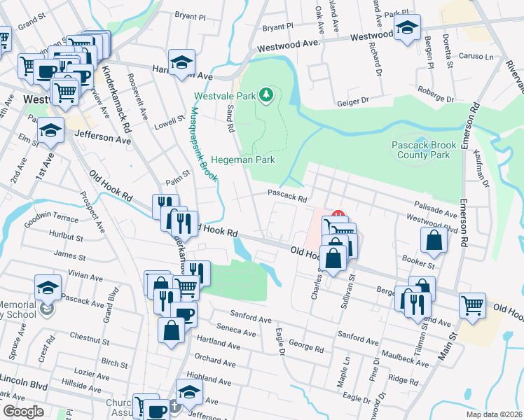 map of restaurants, bars, coffee shops, grocery stores, and more near 38 Sand Road in Westwood