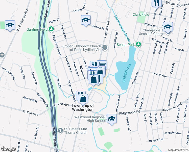 map of restaurants, bars, coffee shops, grocery stores, and more near 300 Pascack Road in Westwood