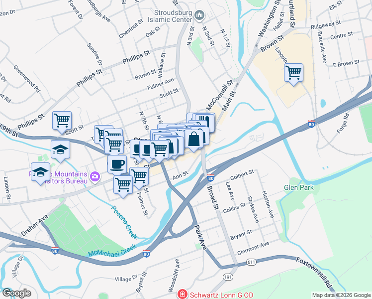 map of restaurants, bars, coffee shops, grocery stores, and more near 554 U.S. 209 Business in Stroudsburg