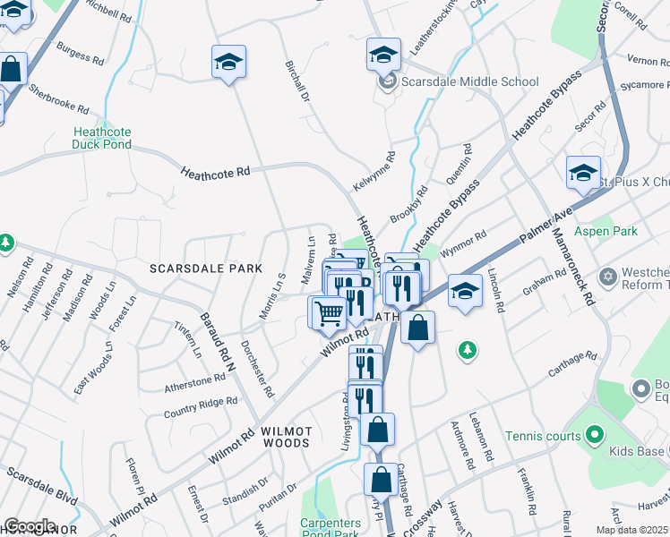 map of restaurants, bars, coffee shops, grocery stores, and more near 95 Wiltshire Road in New Rochelle