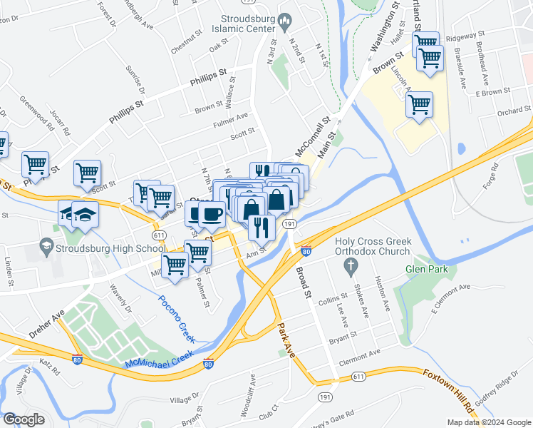map of restaurants, bars, coffee shops, grocery stores, and more near 554 U.S. 209 Business in Stroudsburg