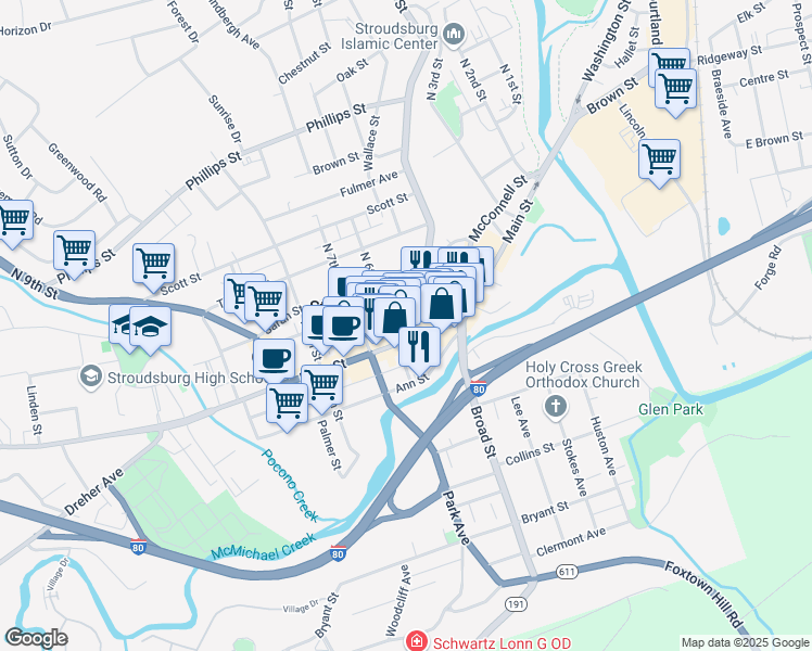 map of restaurants, bars, coffee shops, grocery stores, and more near 554 U.S. 209 Business in Stroudsburg
