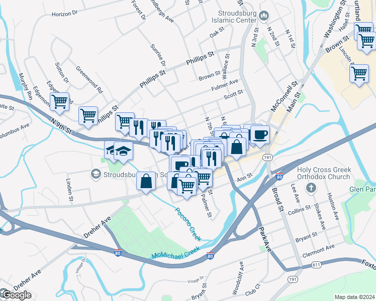 map of restaurants, bars, coffee shops, grocery stores, and more near 828 Monroe Street in Stroudsburg