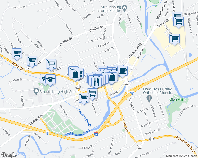 map of restaurants, bars, coffee shops, grocery stores, and more near 35 North 7th Street in Stroudsburg
