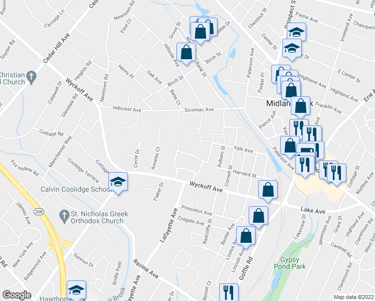 map of restaurants, bars, coffee shops, grocery stores, and more near 102 Mary Ann Lane in Wyckoff