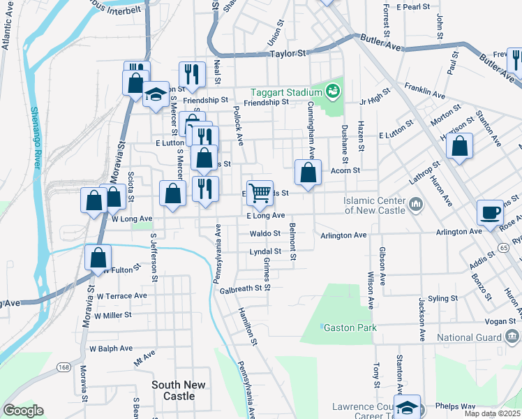 map of restaurants, bars, coffee shops, grocery stores, and more near 437 East Long Avenue in New Castle
