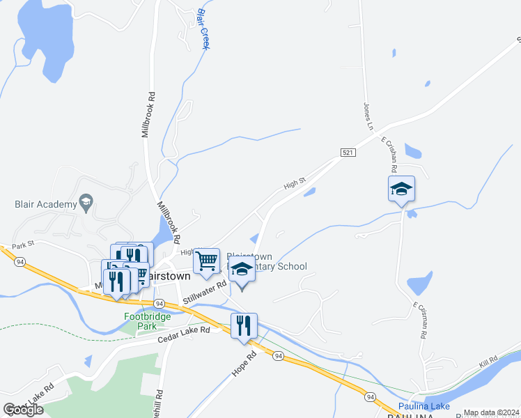 map of restaurants, bars, coffee shops, grocery stores, and more near 15 High Street in Blairstown