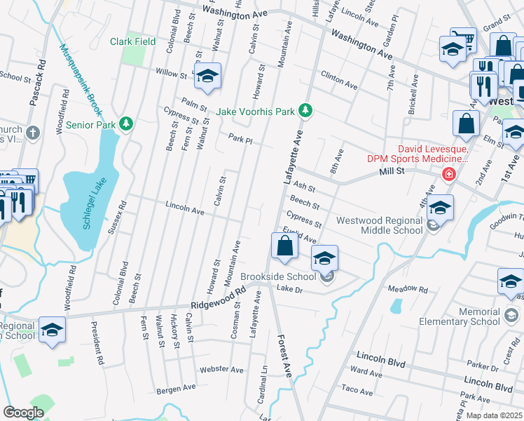 map of restaurants, bars, coffee shops, grocery stores, and more near 369 Mountain Avenue in Township of Washington