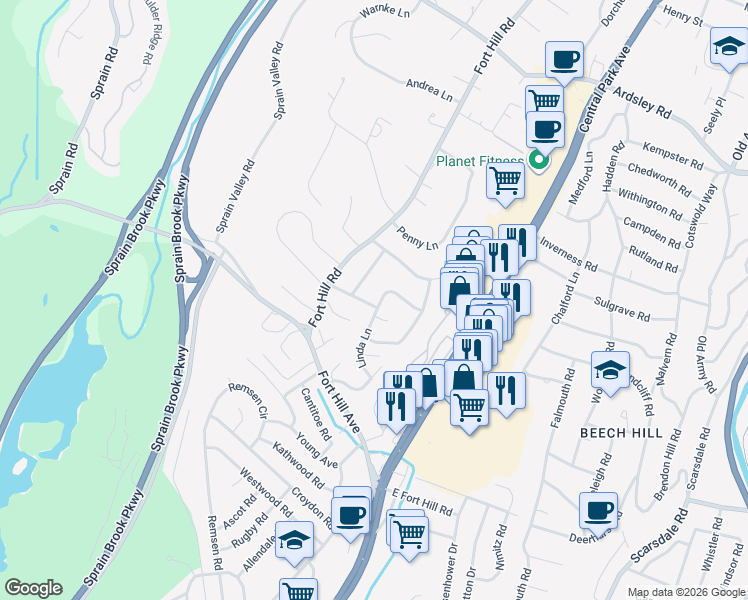 map of restaurants, bars, coffee shops, grocery stores, and more near 21 Kingwood Road in Scarsdale