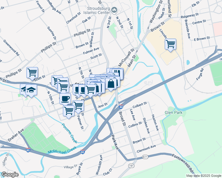 map of restaurants, bars, coffee shops, grocery stores, and more near 554 U.S. 209 Business in Stroudsburg