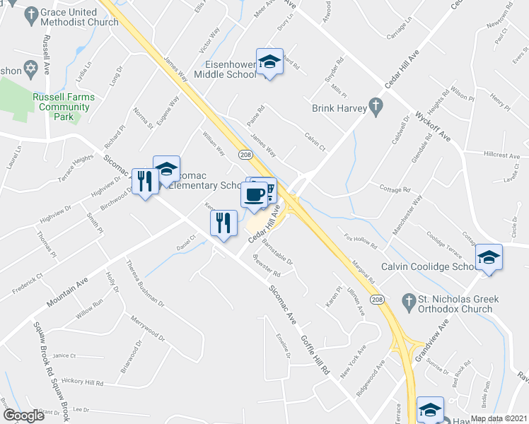 map of restaurants, bars, coffee shops, grocery stores, and more near 525 Cedar Hill Avenue in Wyckoff