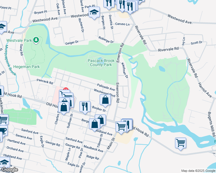map of restaurants, bars, coffee shops, grocery stores, and more near 17 Palisade Avenue in Westwood