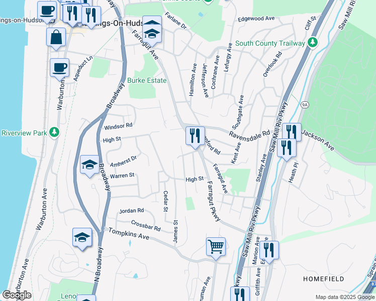 map of restaurants, bars, coffee shops, grocery stores, and more near 292 Farragut Parkway in Hastings-on-Hudson