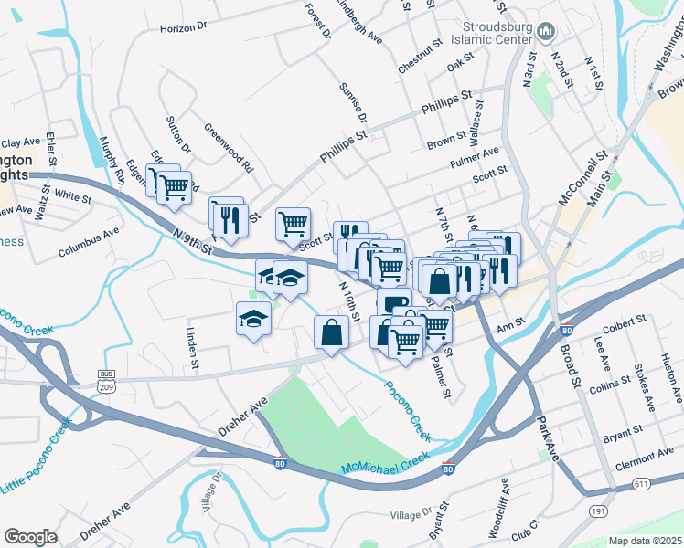 map of restaurants, bars, coffee shops, grocery stores, and more near 67 North 10th Street in Stroudsburg