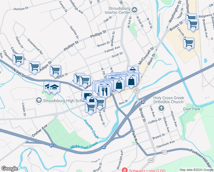 map of restaurants, bars, coffee shops, grocery stores, and more near 45 North 7th Street in Stroudsburg