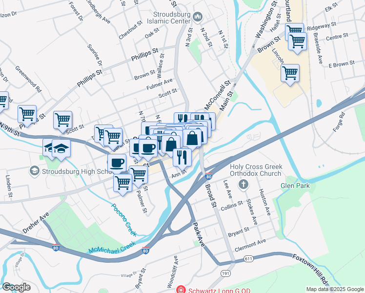 map of restaurants, bars, coffee shops, grocery stores, and more near 554 U.S. 209 Business in Stroudsburg