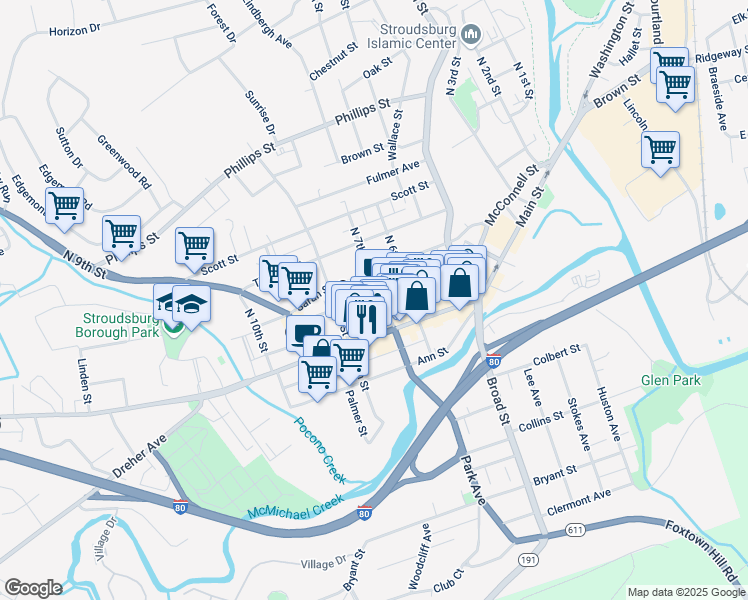 map of restaurants, bars, coffee shops, grocery stores, and more near 33 North 7th Street in Stroudsburg
