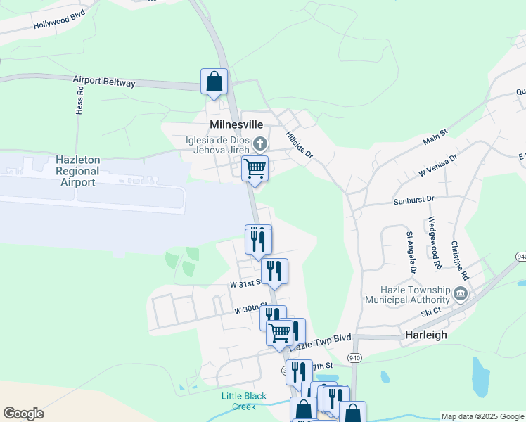 map of restaurants, bars, coffee shops, grocery stores, and more near 1289 North Church Street in Milnesville
