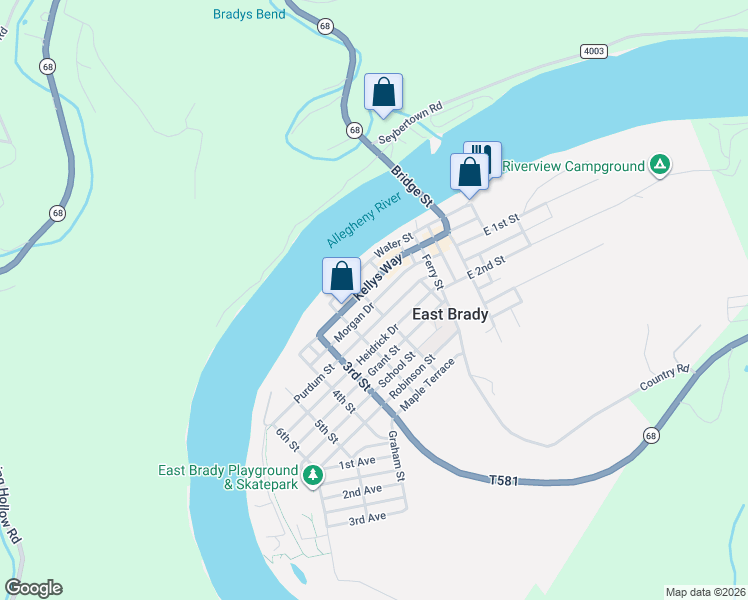 map of restaurants, bars, coffee shops, grocery stores, and more near 509 Kellys Way in East Brady