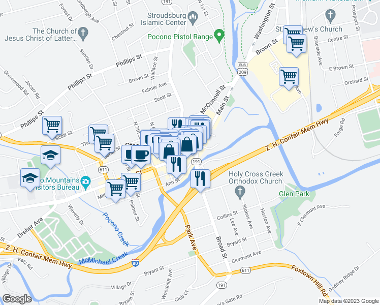map of restaurants, bars, coffee shops, grocery stores, and more near 516 Main Street in Stroudsburg
