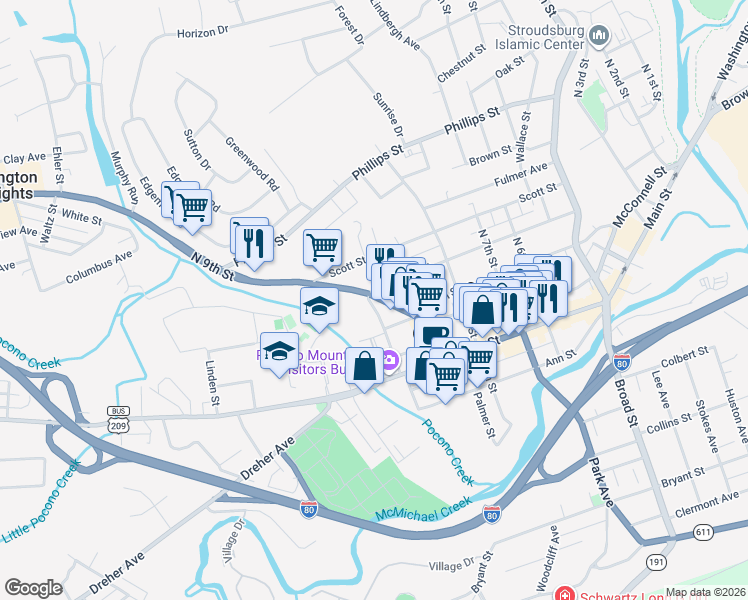 map of restaurants, bars, coffee shops, grocery stores, and more near 67 North 10th Street in Stroudsburg