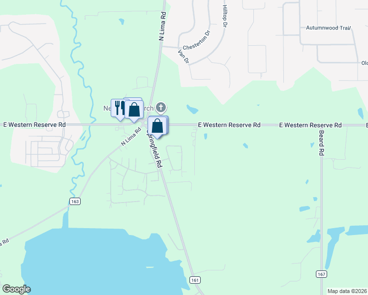 map of restaurants, bars, coffee shops, grocery stores, and more near 9151 Springfield Road in Poland