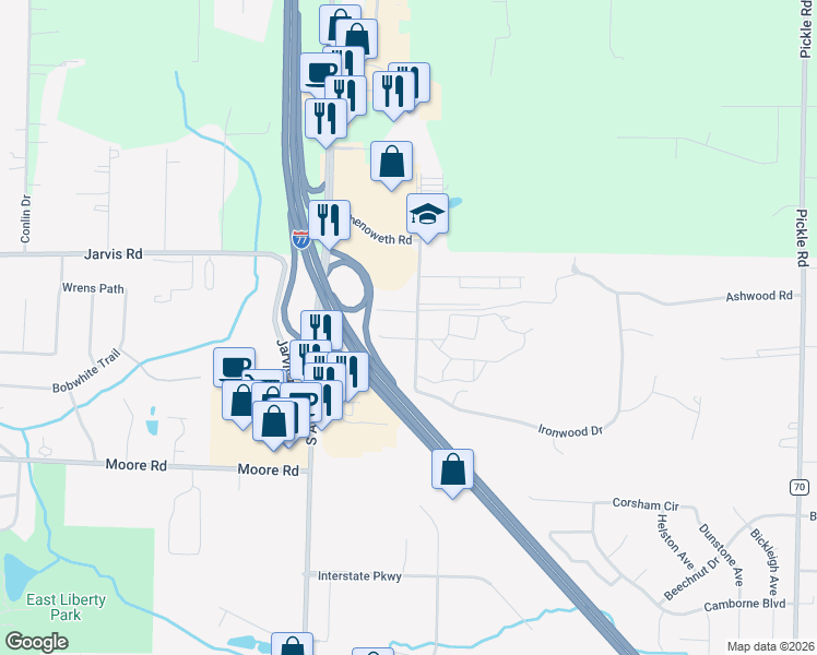 map of restaurants, bars, coffee shops, grocery stores, and more near 3020 Chenoweth Road in Akron