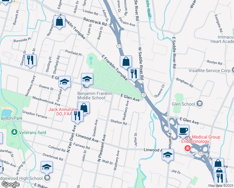 map of restaurants, bars, coffee shops, grocery stores, and more near 609 East Glen Avenue in Ridgewood