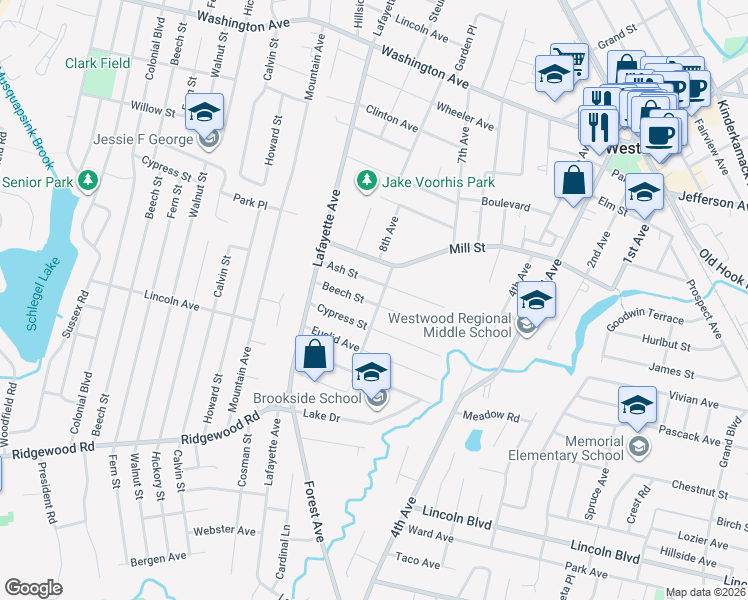 map of restaurants, bars, coffee shops, grocery stores, and more near 76 Clairmont Avenue in Westwood