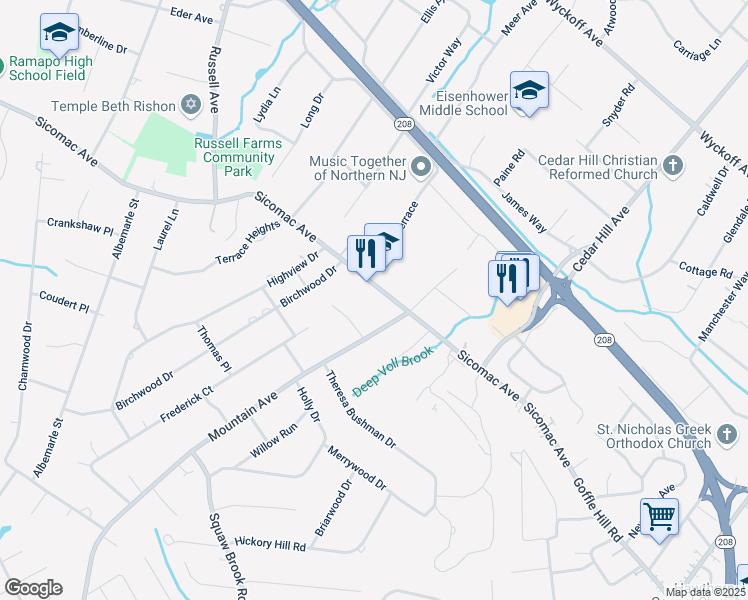 map of restaurants, bars, coffee shops, grocery stores, and more near 347 Sicomac Avenue in Wyckoff