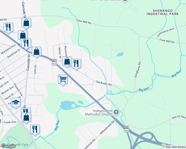 map of restaurants, bars, coffee shops, grocery stores, and more near 1535 Old Butler Road in New Castle