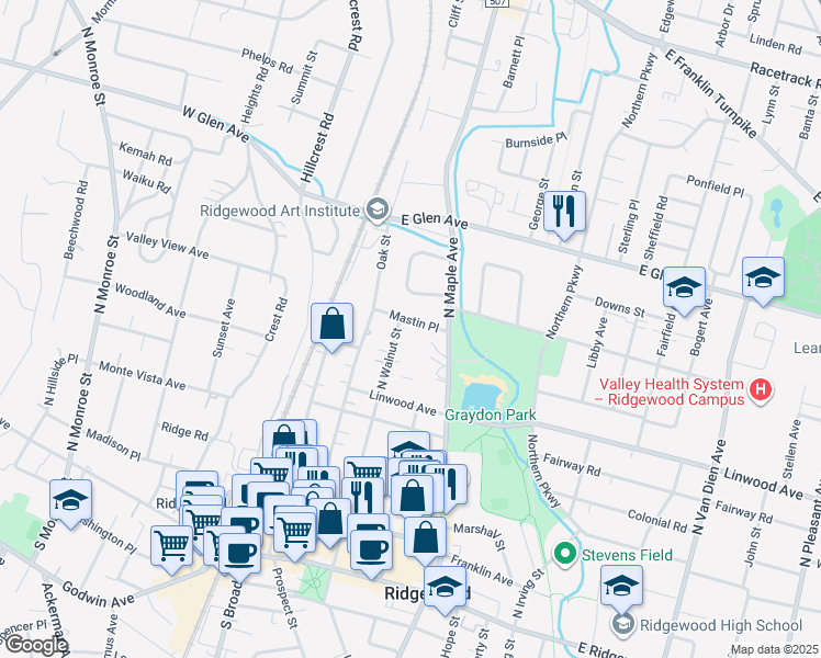 map of restaurants, bars, coffee shops, grocery stores, and more near 314 Mastin Place in Ridgewood