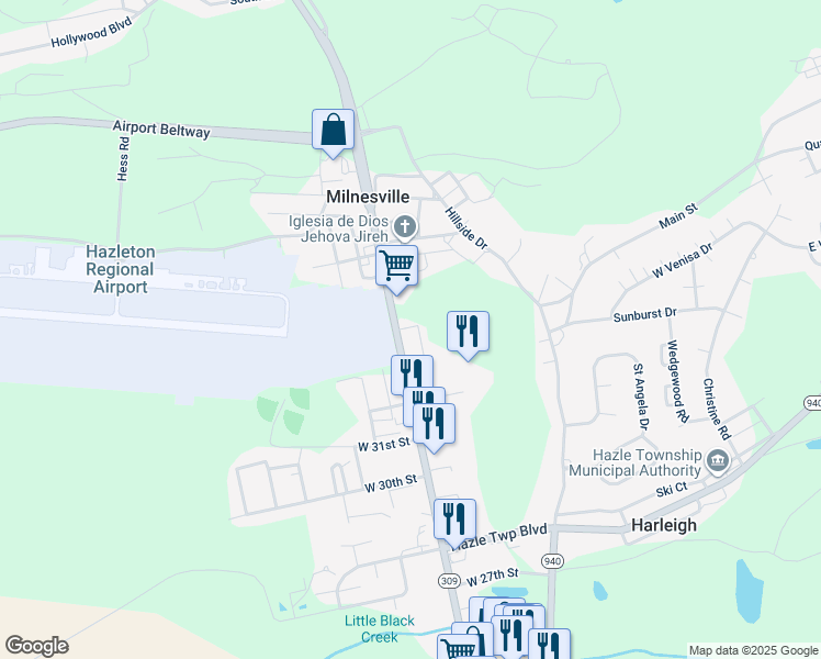 map of restaurants, bars, coffee shops, grocery stores, and more near 1289 North Church Street in Milnesville